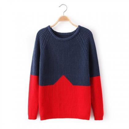 Christmas Red Color Block Round Neck Casual Street..