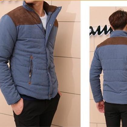 Slim Fit Stand Collar Spliced Casual Single..