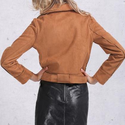 Autumn Winter Fashion Zipper Suede Leather Belted..
