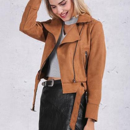 Autumn Winter Fashion Zipper Suede Leather Belted..