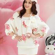 Women's One Size Sweet Casual Fall Bow Beige Round Neck Floral Long Batwing Sleeve Longline Knitted Woolen Jumper Sweater One Size