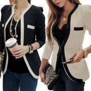 Slim Fit Blazer with Contrast Trim Fashion Women Black and White Jacket Coat