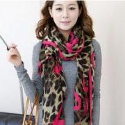 SALE Fashion Women Leopard Print with Rose Red Trim Chiffon Scarf as Christmas Gfit for Honey