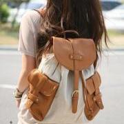 Women Fashion Vintage Canvas Backpack with Leather Flap