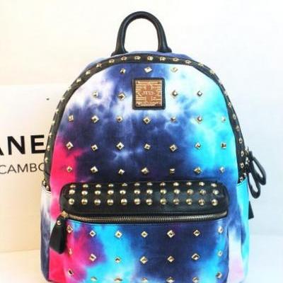 Fashion Student School Punk Galaxy Print Stud Zipper Handle Buckle Canvas Denim Computer Backpack Outdoor Travelling Backpack