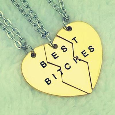 Women's Fashion Boken Heart 3 Parts Pendant BEST BITCHES Best Friends Partners Friendship Chain Necklace