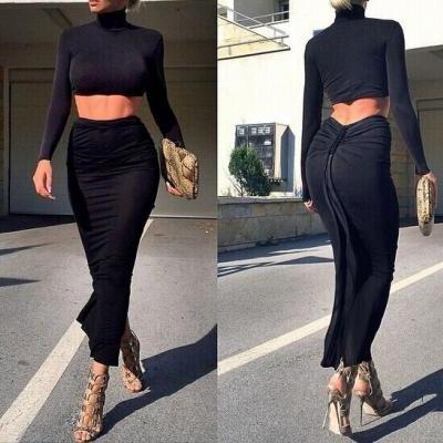 2 Pcs Black Women's Fashion High Neck Long Sleeve Top and Slim Fit Bodycon Prom Party Nightwear Dress Suit