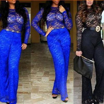 Sexy Women's Fashion Party Wear Lace Round Neck Long Sleeve Slim Fit Jumpsuits