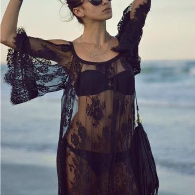 FREE SHIPPING Summer Women's Fashion Bohemia Lace Embroidery Cold Shoulder Flounced Hem Loose Casual Beach Dress