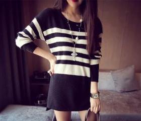Fashion Women's Stripe Long Casual Knitted Pullover Sweater One Size