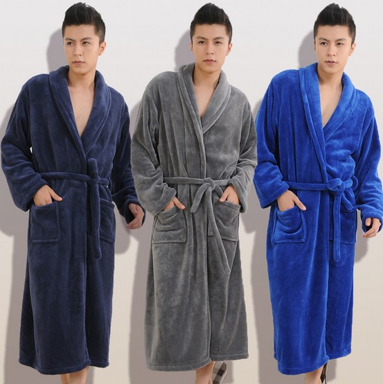 Fashion Men Coral Fleece Belted Sleep Robe Sleepwear Nightwear Cotton Dressing Gown Robe