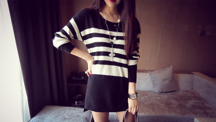Fashion Women's Stripe Long Casual Knitted Pullover Sweater One Size