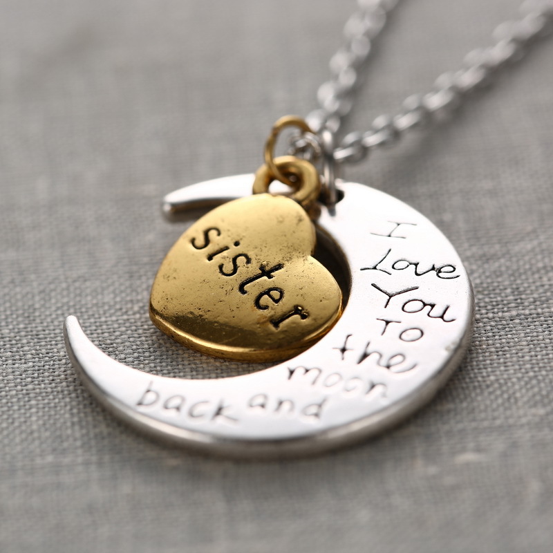 Fashion High Quality Non-fading Moon And Heart Sister Pendant Love Friendship Partners Chain Necklace As Gift