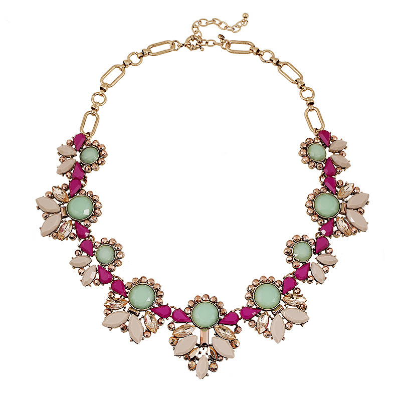 Retro Colorful Gemstone Crystal Flower Linked Pendant Necklace on Luulla