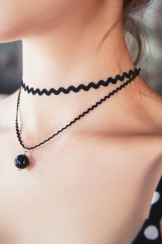 Women Punk Style Double Weave Layer Faux Pearl Pendant Choker Chain Necklace