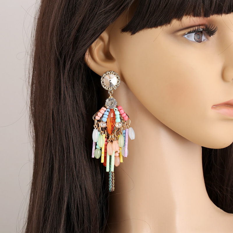 Western Bohemia Fashion Colorful Gemstone Beads Tassel Women's Stud Earrings