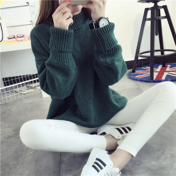 Fall Winter Fashion Solid Color Warm High Neck Casual Loose Knitted ...