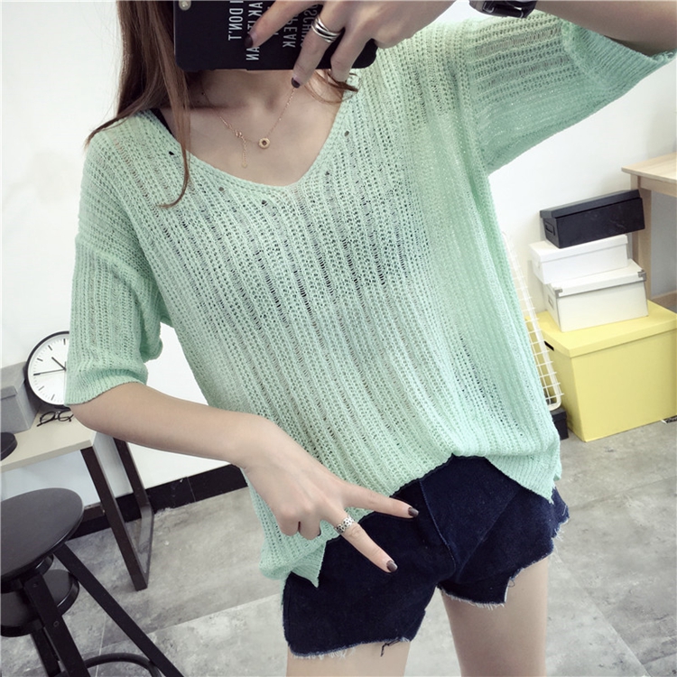 Women Fashion V-neck Solid Color Short Sleeve Asymmetric Hollow Twist Casual Knitted T-shirt Top One Size