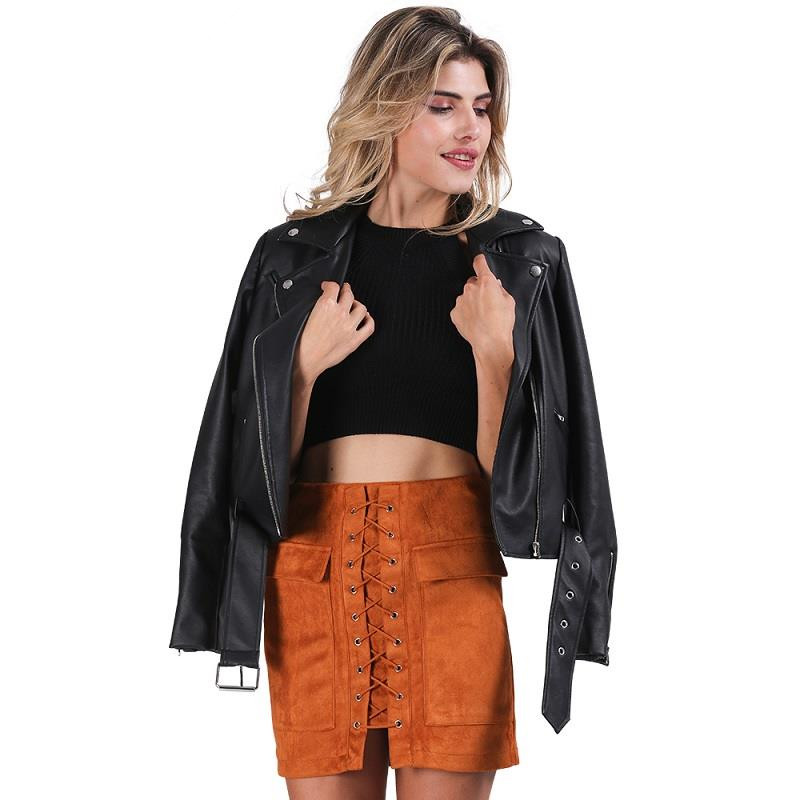 Women Autumn Winter Pu Leather Full Zipper Bomber Jacket Coat Outwear With Adjustable Waist Belt