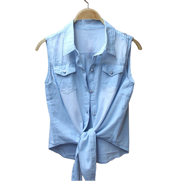 Preppylook Sleeveless Single-Breasted Denim Shirt With Tie Front Detail ...